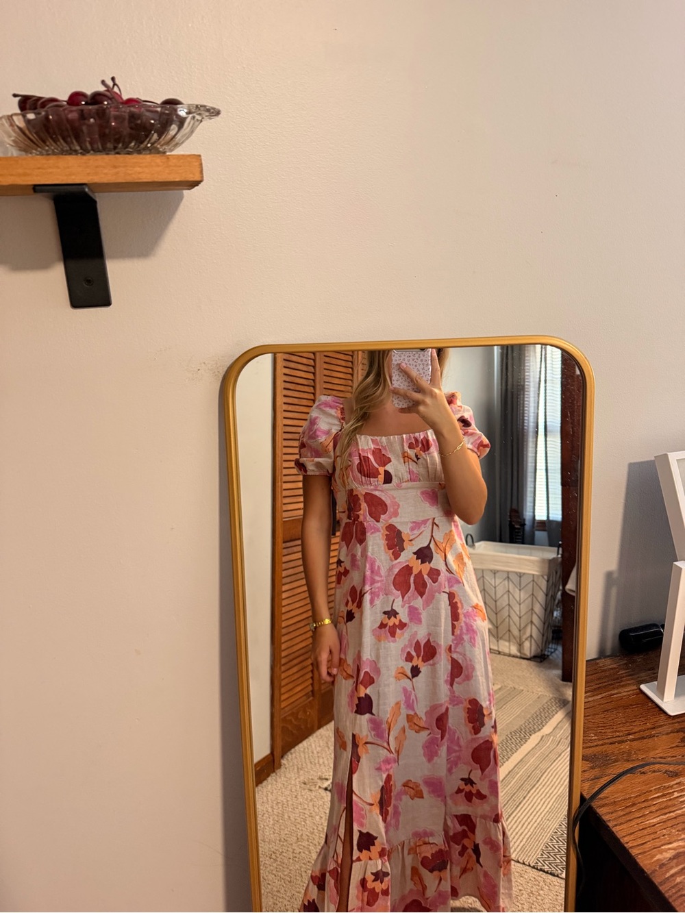 Floral Puff-Sleeve Maxi Dress Pink Floral